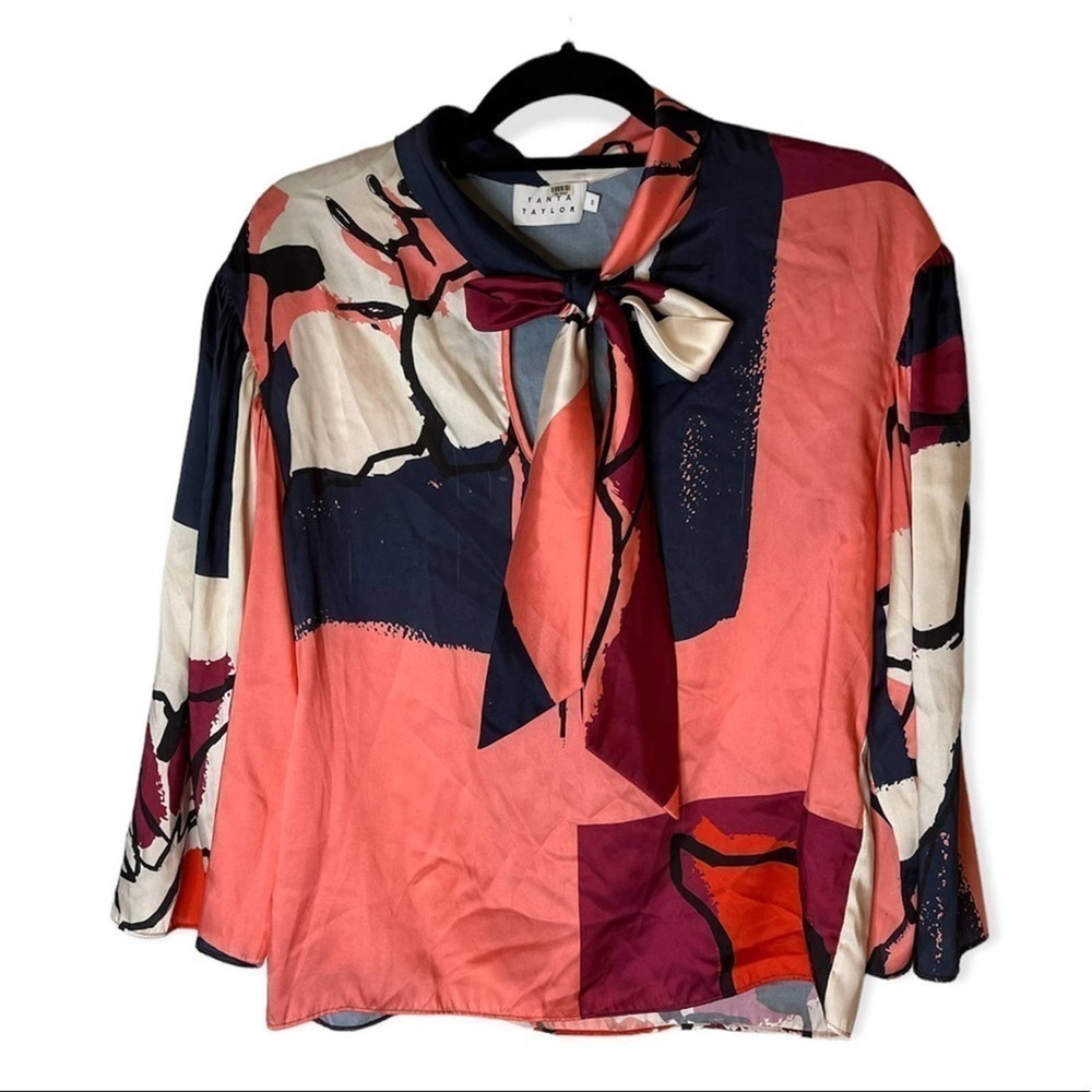 Tanya Taylor Avril floral abstract tie neck satin top